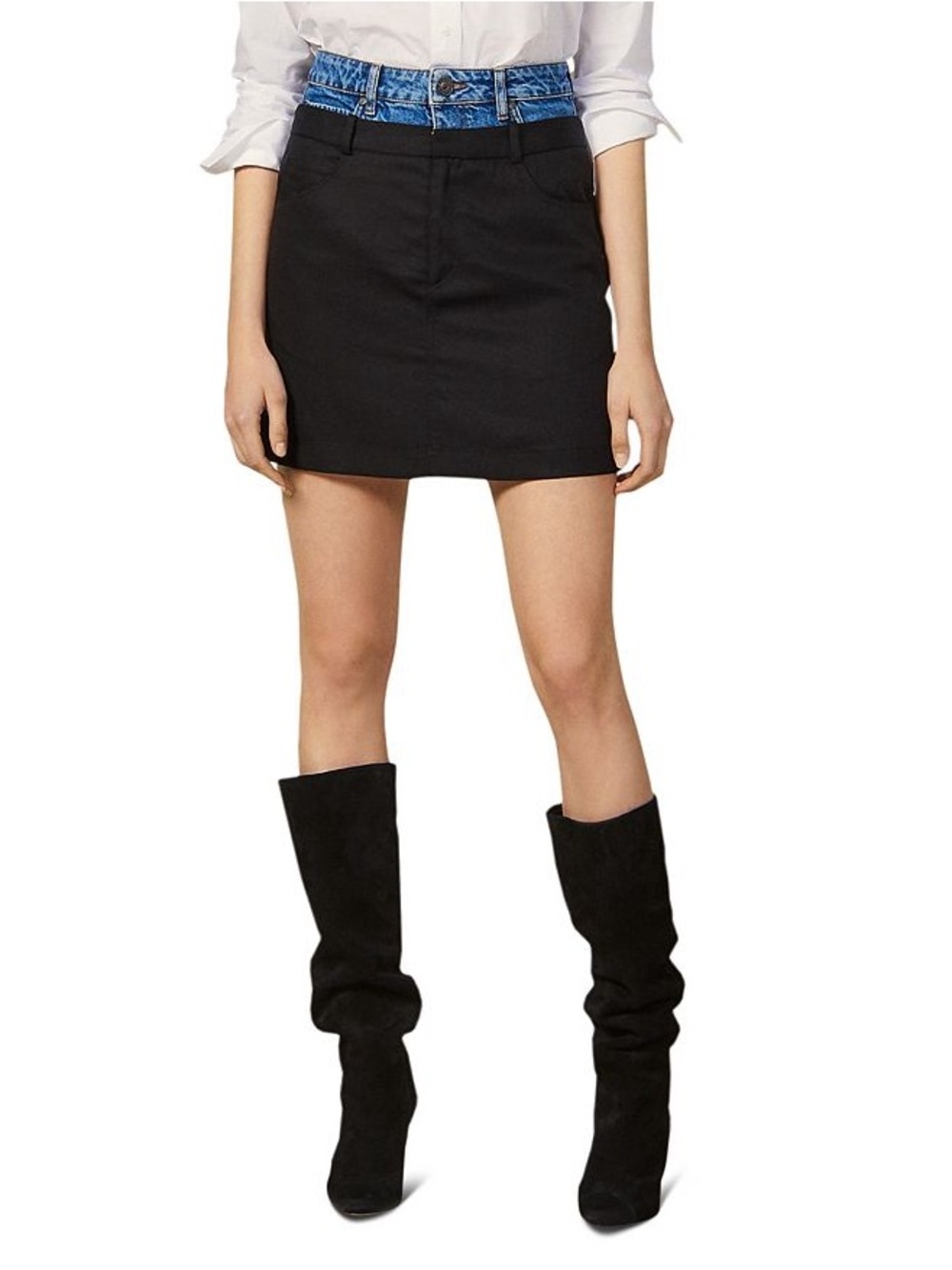 Sandro Capri Mixed Medium Denim Contrast Waistband Mini Skirt Size 1